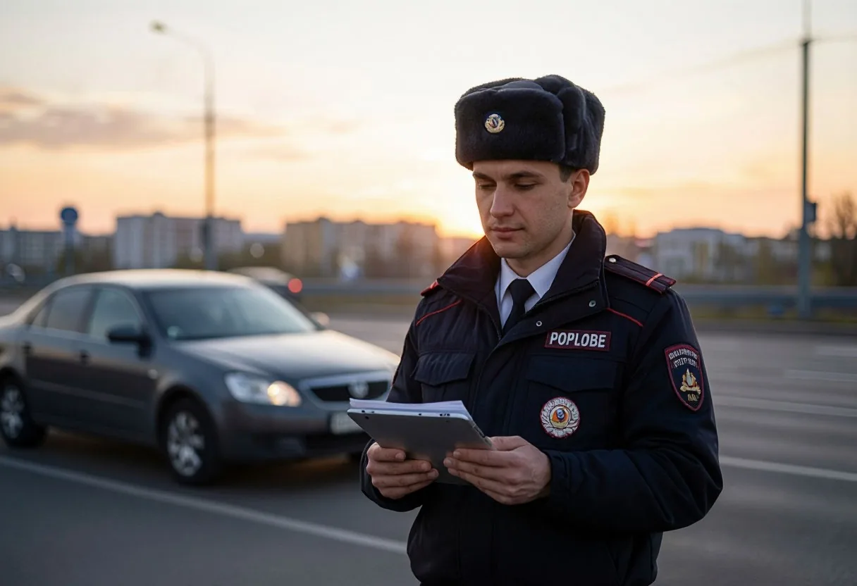 Инспектор ДПС с планшетом для бумаг стоит у автомобиля на городской улице