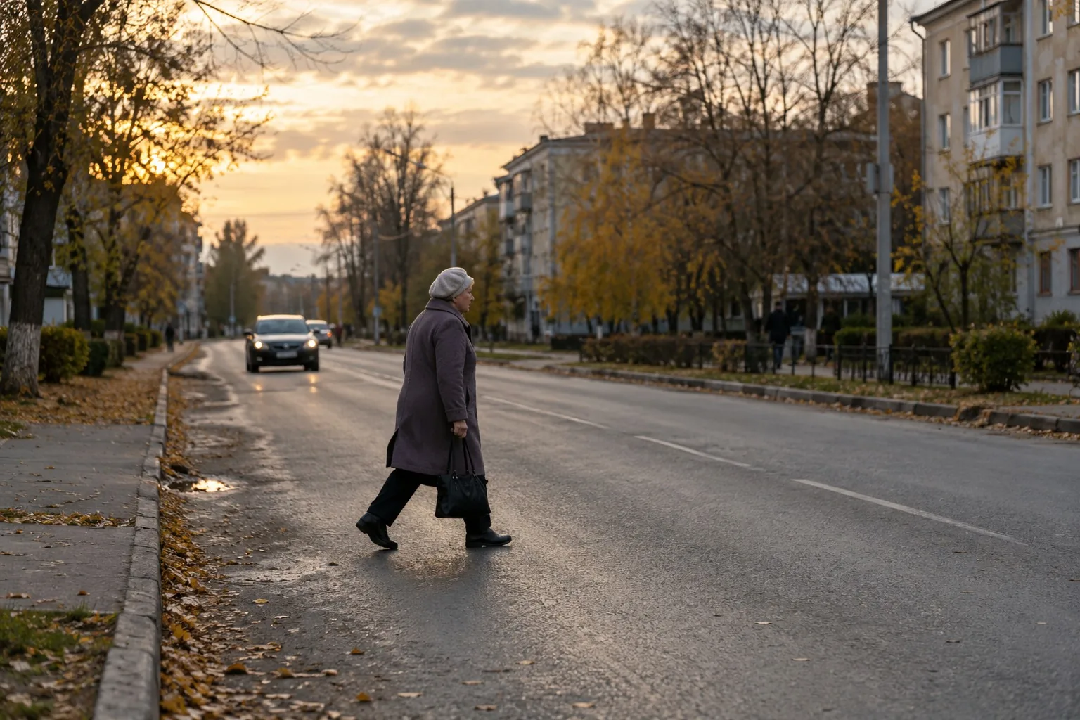 Пожилая женщина переходит городскую улицу вне пешеходного перехода