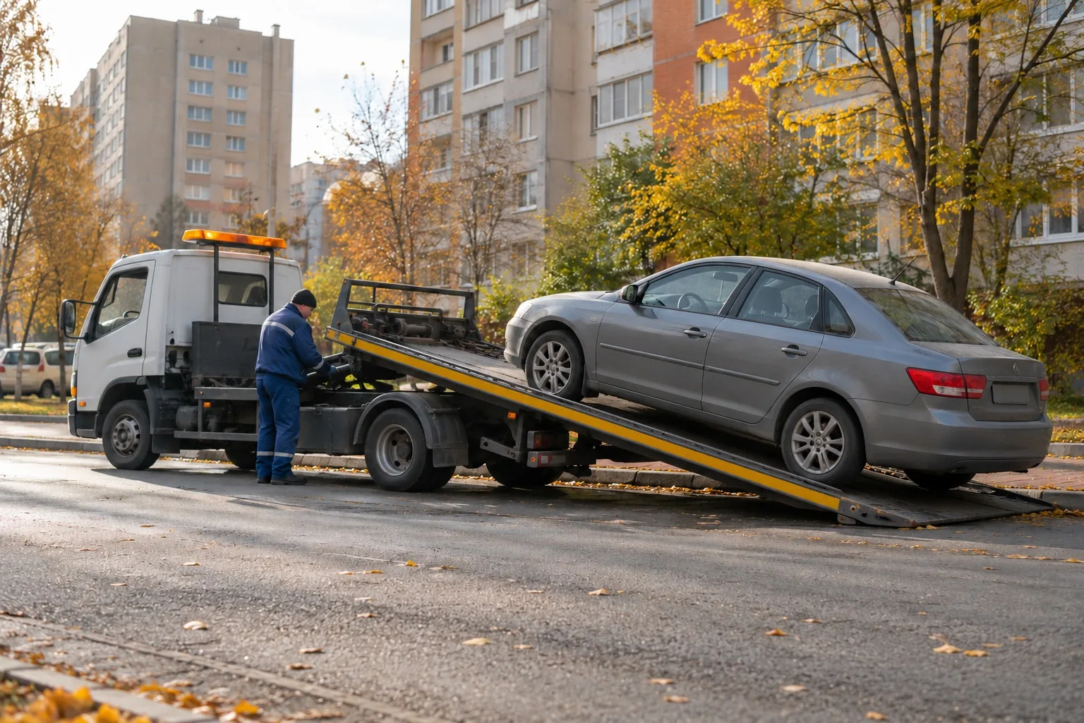 Эвакуатор грузит легковой автомобиль у тротуара на городской улице