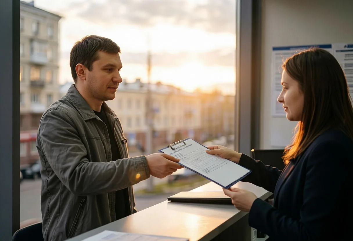 Мужчина подаёт папку с документами сотруднице за стойкой приёма в учреждении