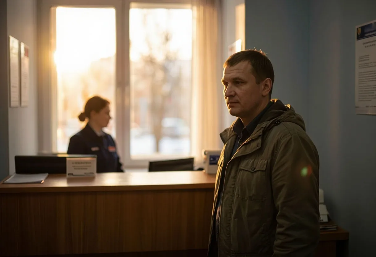 Мужчина подаёт документы в окно приёма в государственном учреждении