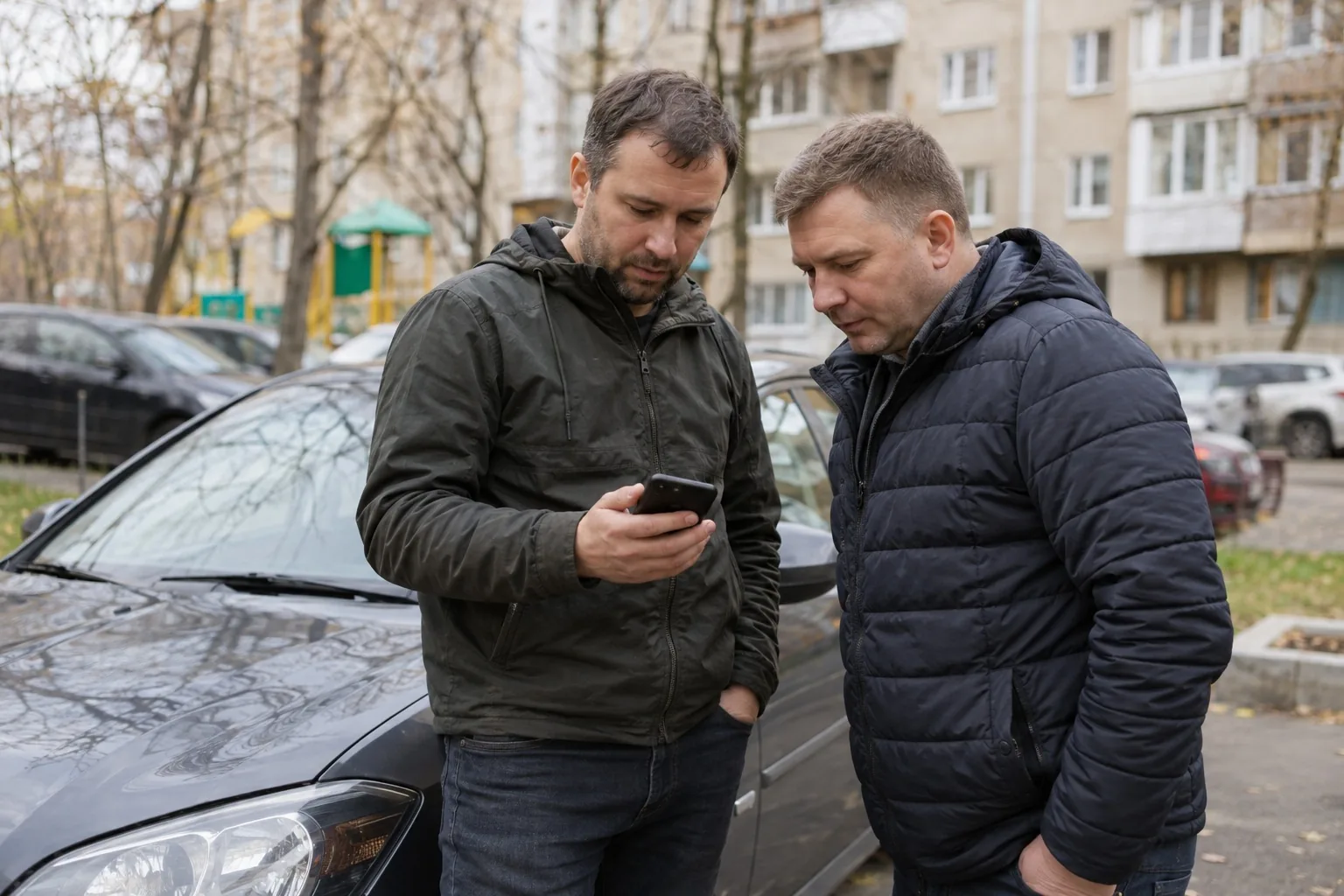 Двое водителей на парковке сверяют данные полисов в смартфоне перед оформлением извещения