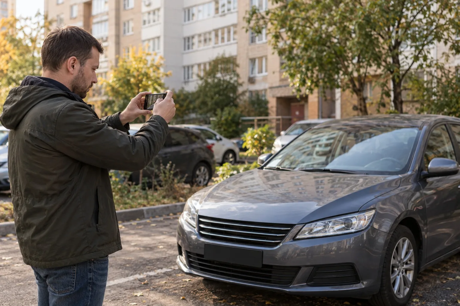 Мужчина фотографирует на смартфон переднюю часть автомобиля на парковке