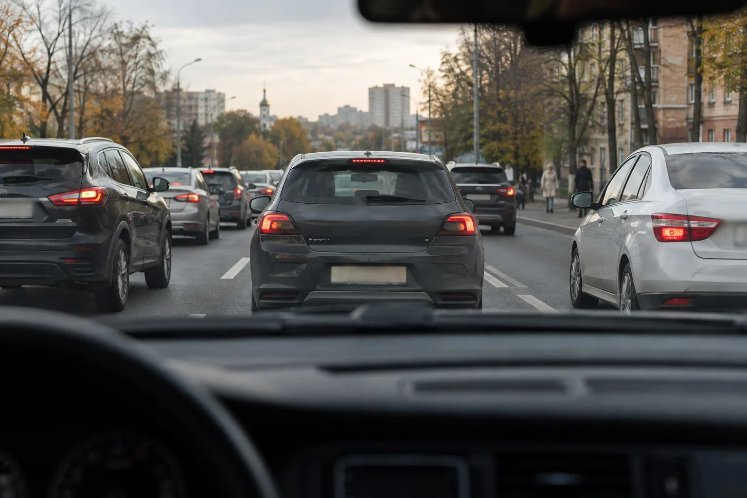 Плотный поток автомобилей в городе, вид на дорогу через лобовое стекло