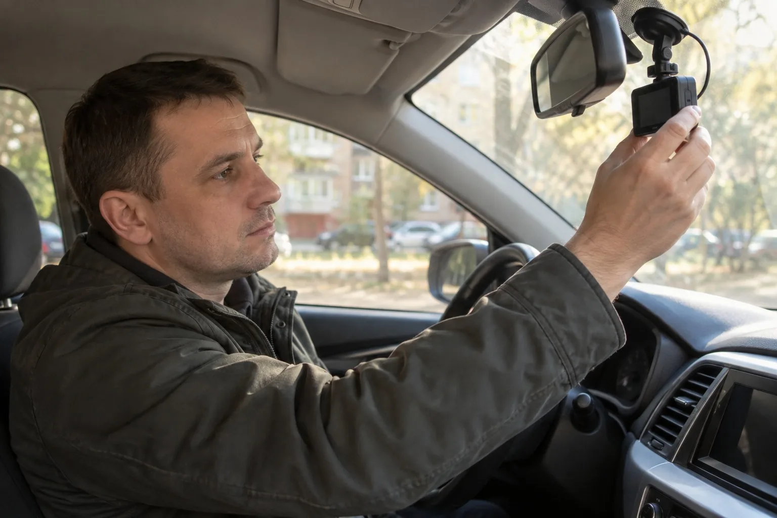 Водитель в салоне автомобиля поправляет видеорегистратор на лобовом стекле