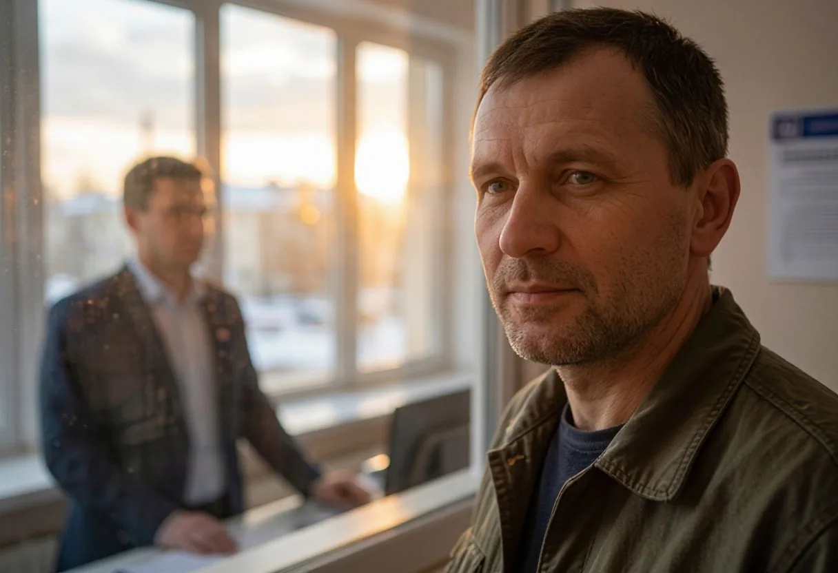 Мужчина подаёт заявление у окна приёма документов в учреждении