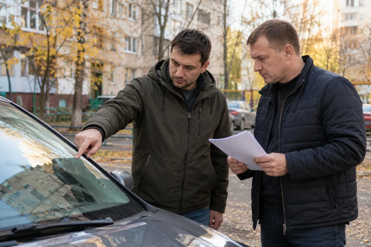 Покупатель и продавец сверяют номер кузова с документами у машины во дворе перед постановкой автомобиля на учет