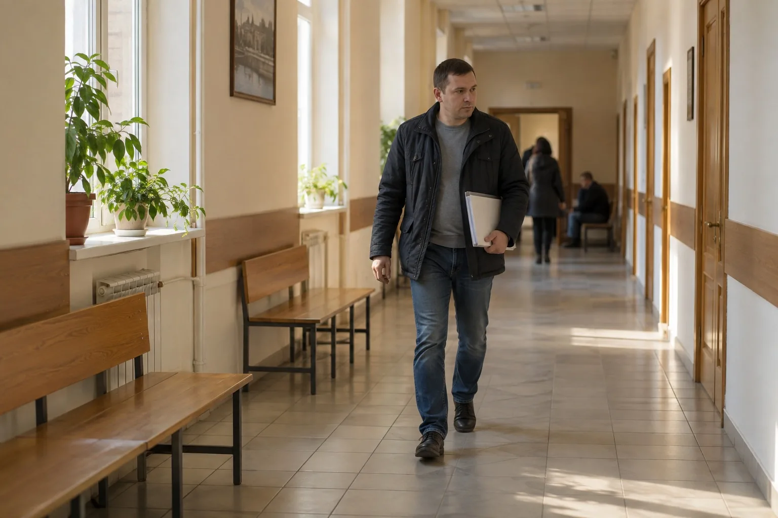 Мужчина с папкой в светлом коридоре суда ждёт заседания