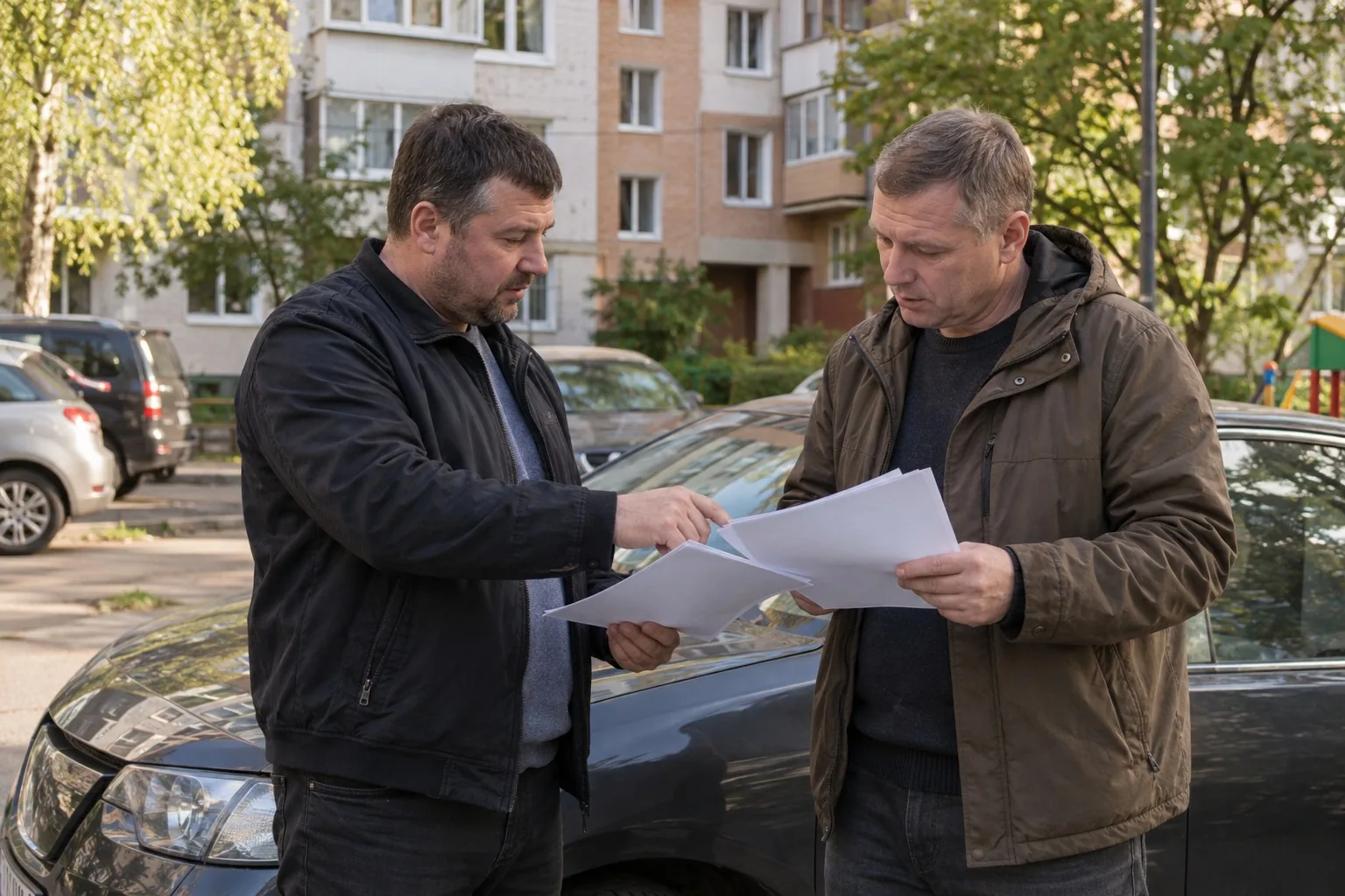 Двое мужчин обсуждают документы, стоя у автомобиля во дворе многоэтажки