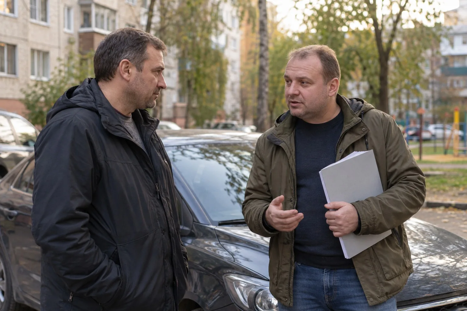 Двое мужчин разговаривают у автомобиля во дворе, один держит папку с бумагами