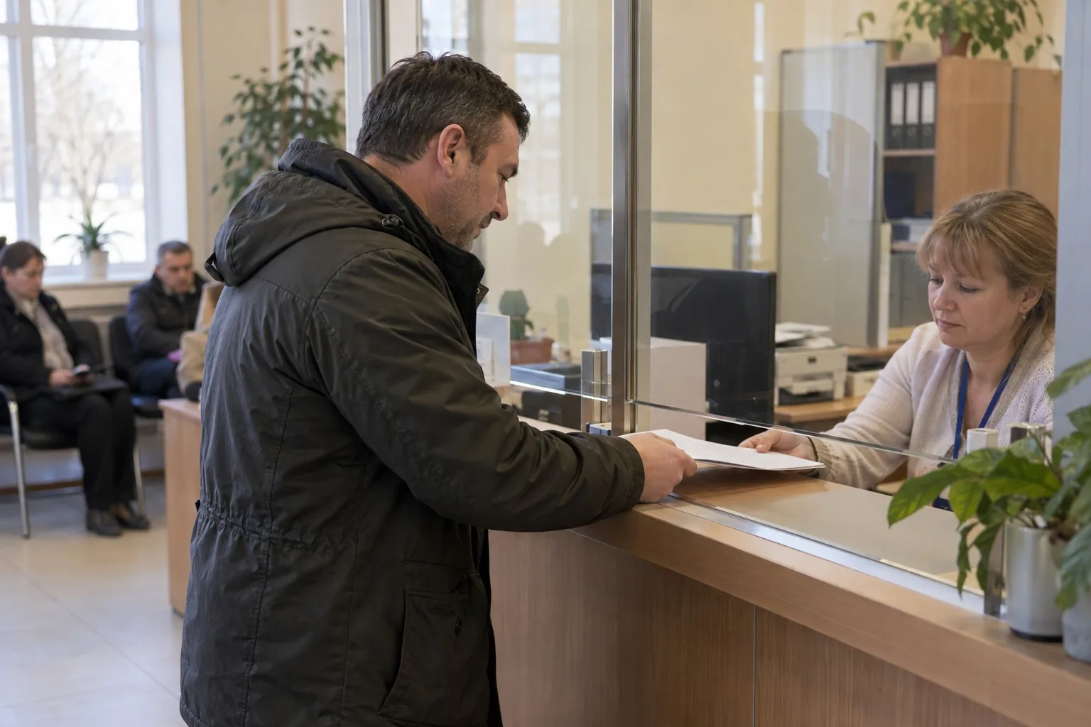 Мужчина у окна приёма документов в учреждении разговаривает с сотрудницей за стойкой