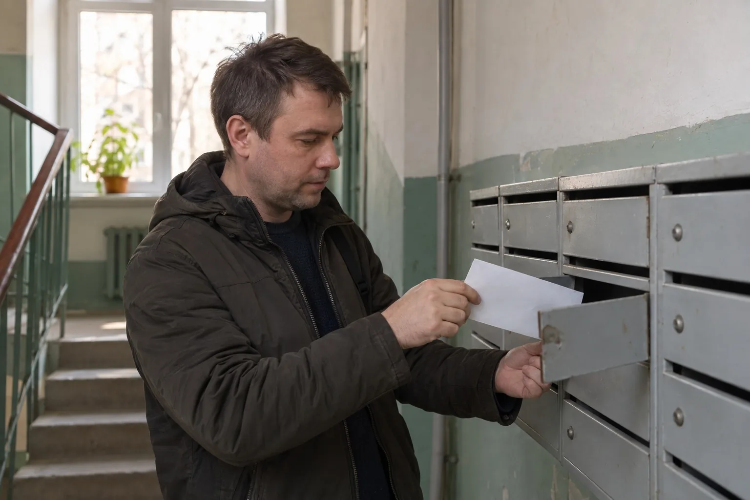 Мужчина достаёт конверт из почтового ящика в подъезде жилого дома
