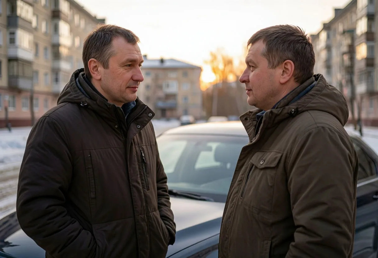 Двое мужчин разговаривают у легкового автомобиля во дворе жилого дома