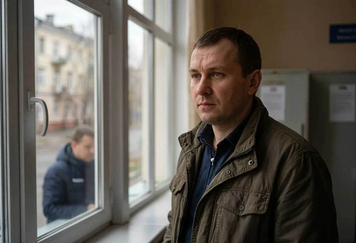 Мужчина у окна приёма документов в государственном учреждении