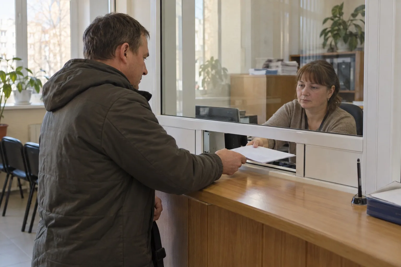 Мужчина у окна приёма документов передаёт бумаги сотруднице за стеклом
