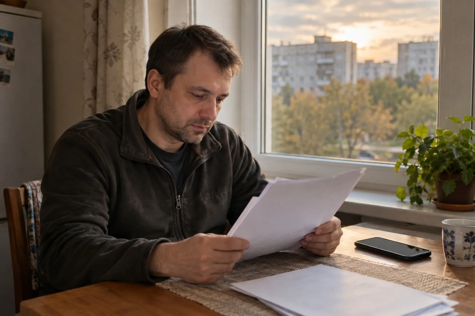 Мужчина за столом у окна читает бумаги, рядом лежит телефон