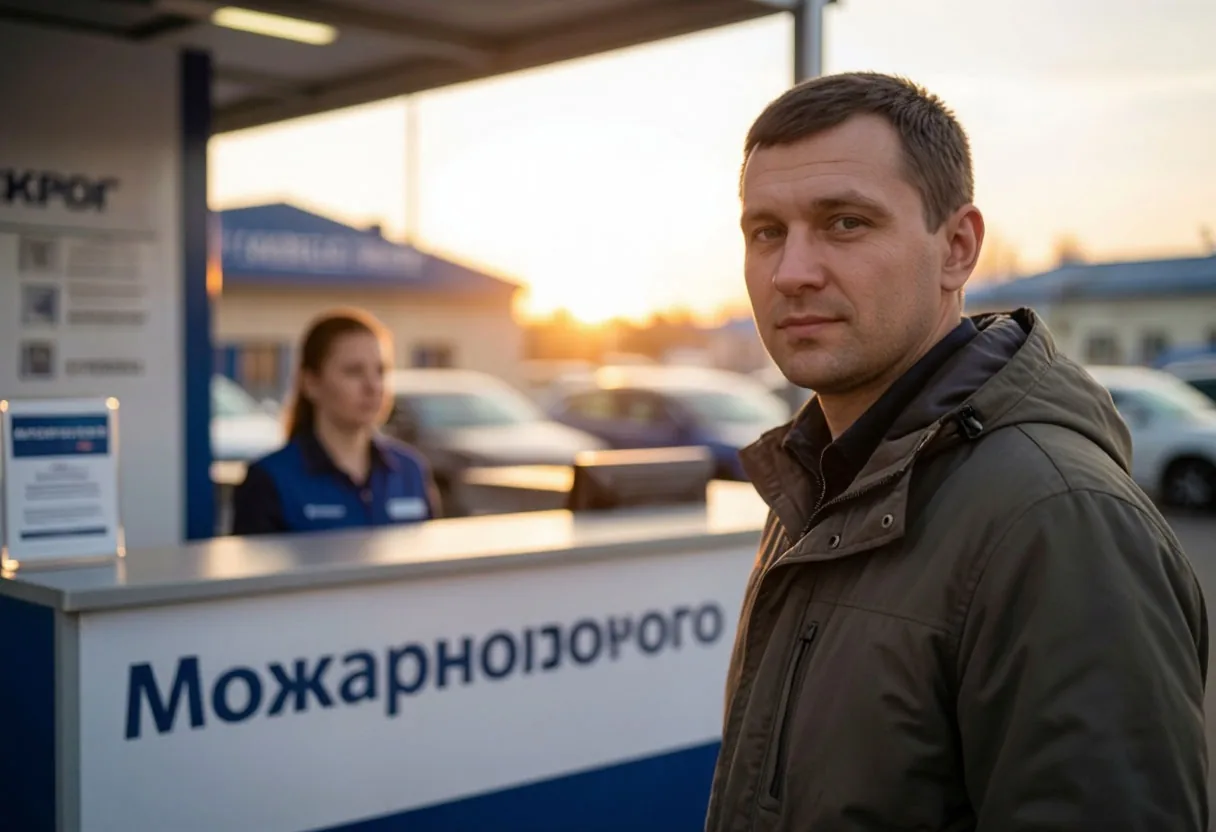 Мужчина у стойки приёма в автосалоне разговаривает с сотрудницей