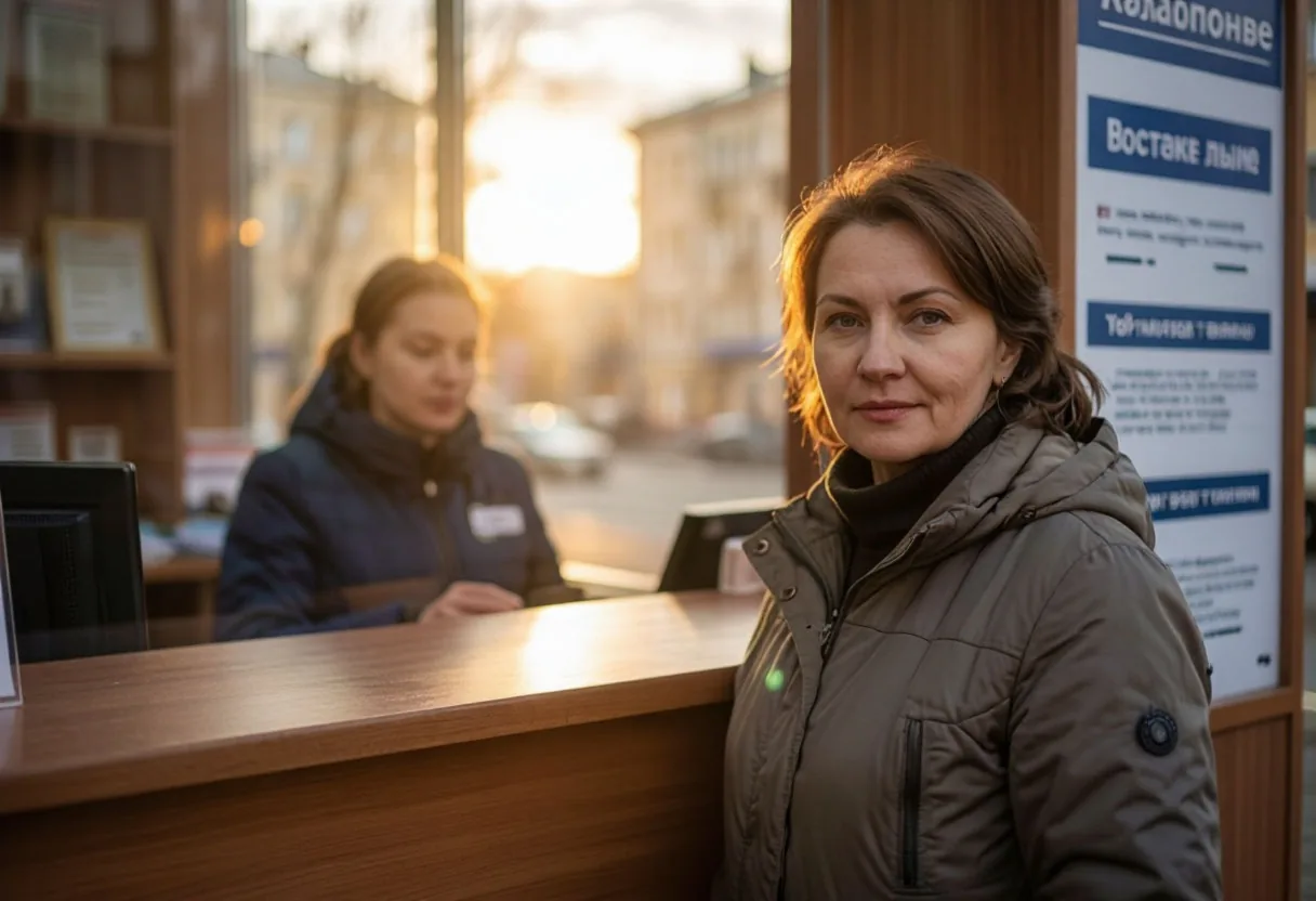 Женщина отправляет заказное письмо у стойки приёма в отделении почты