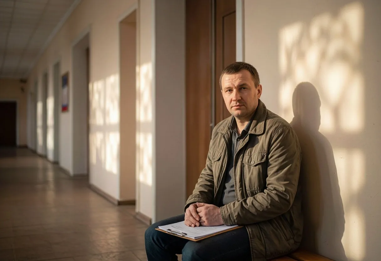 Мужчина с папкой документов ждёт приёма на скамье в коридоре учреждения