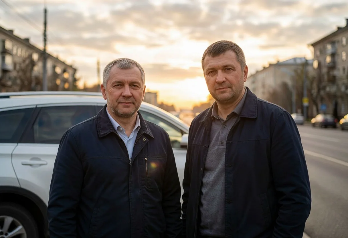 Двое мужчин разговаривают у автомобиля на обочине городской улицы