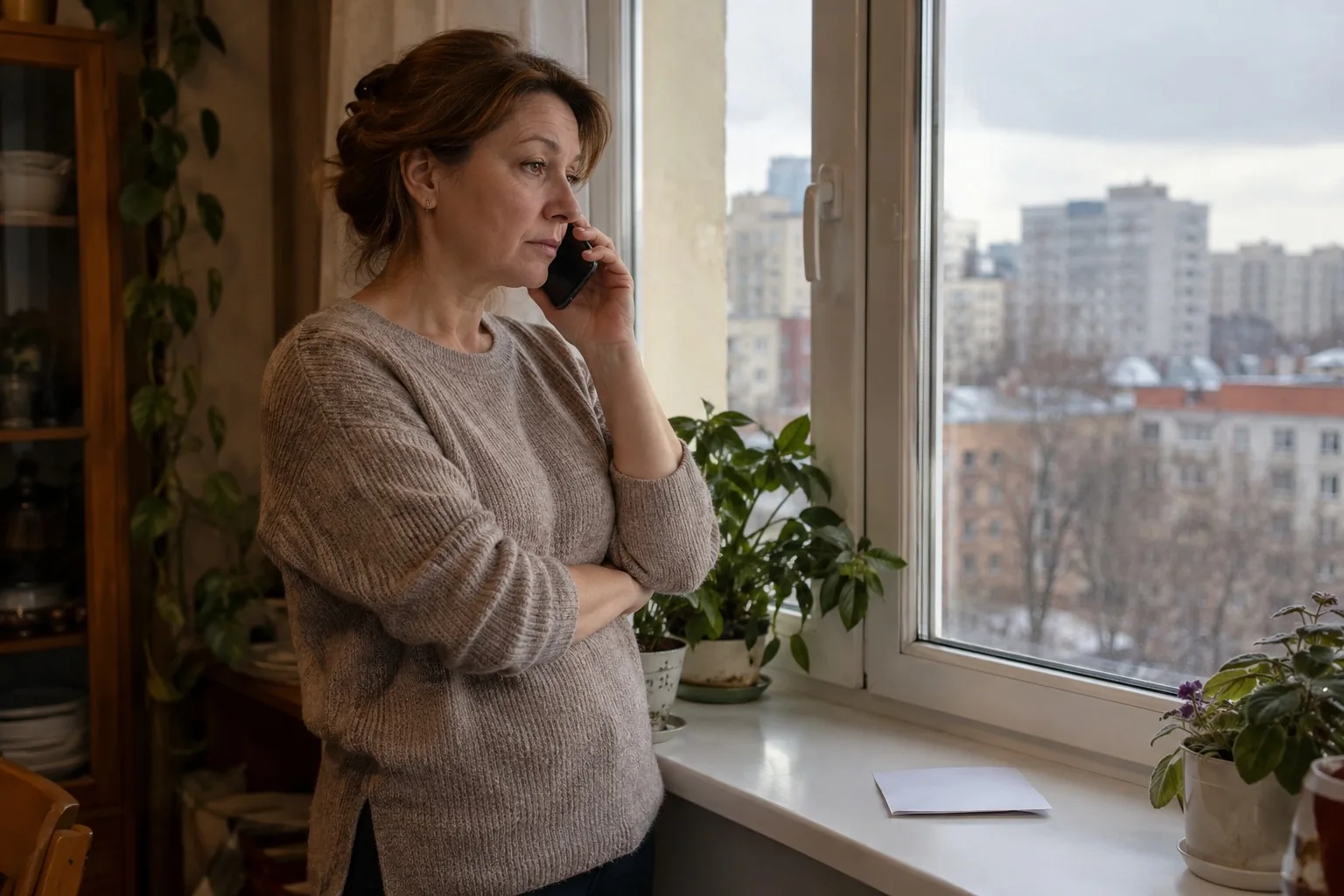 Женщина дома у окна говорит по телефону, на подоконнике конверт