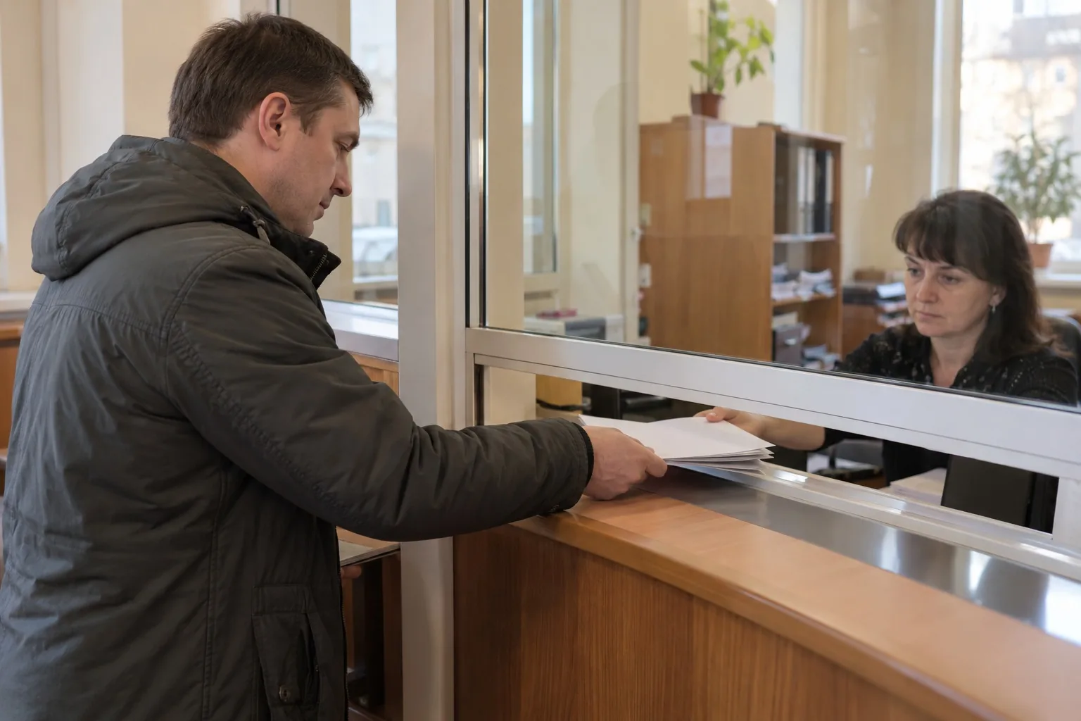 Мужчина подаёт бумаги в окно приёма документов в суде